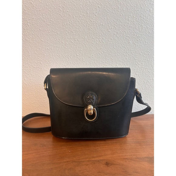 Crispini Handbags - Vintage Black Leather Equestrian Crossbody Bag Horse Crest Gold Hardware